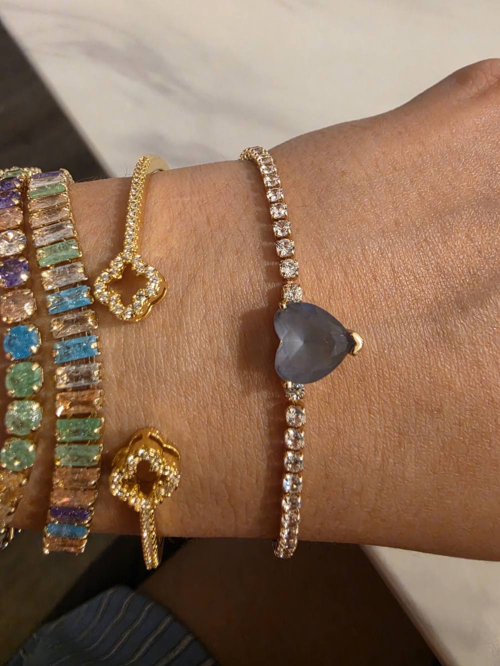 Gold Tennis Bracelet with Gray Heart Gemstone